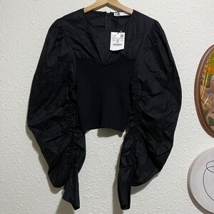 New Zara women's L Black Ruched ribbed puff Sleeve Corset Knit Cropped Top